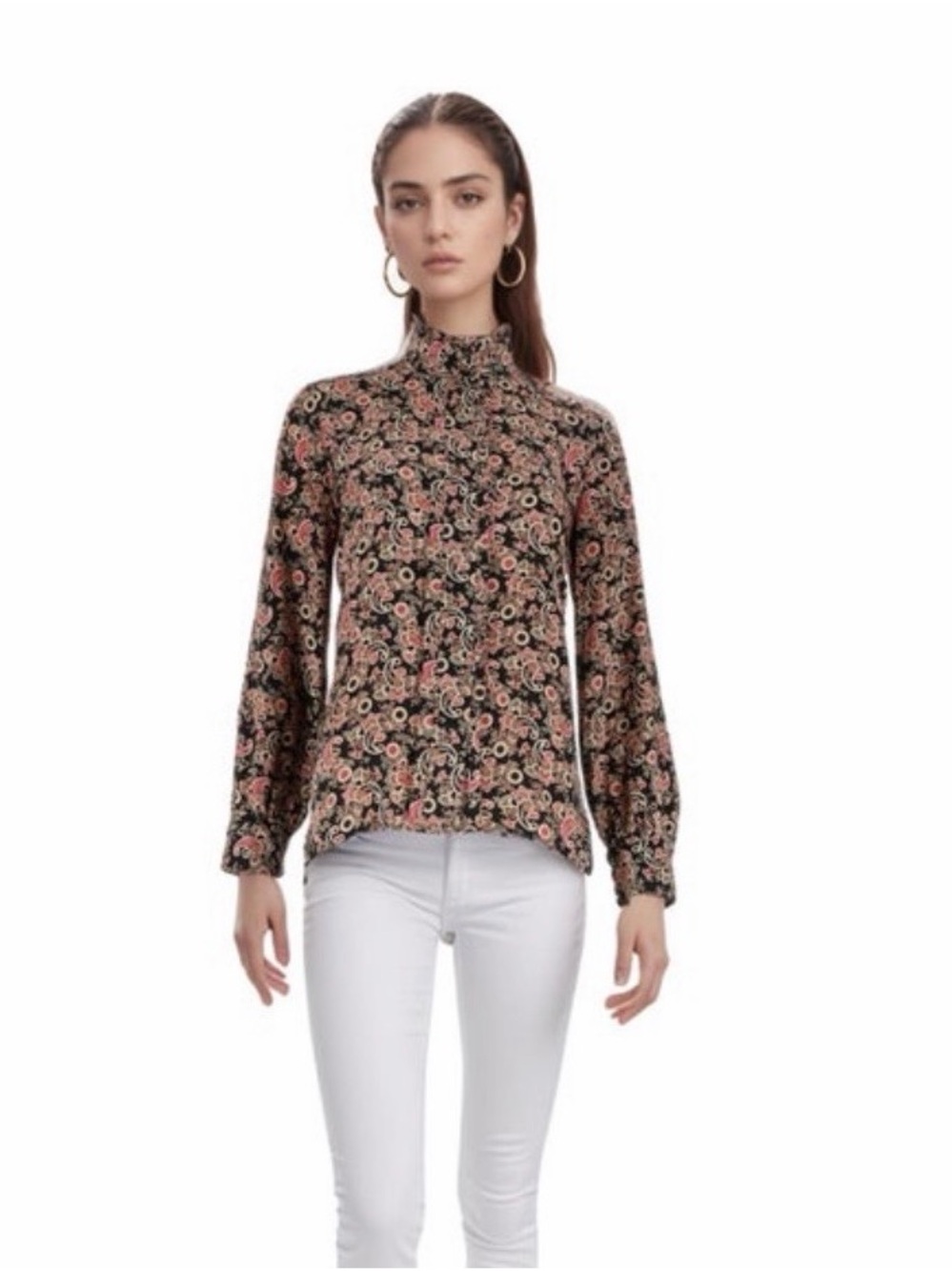 Sandro Black Floral Mock Neck Blouse with Paisley Accents